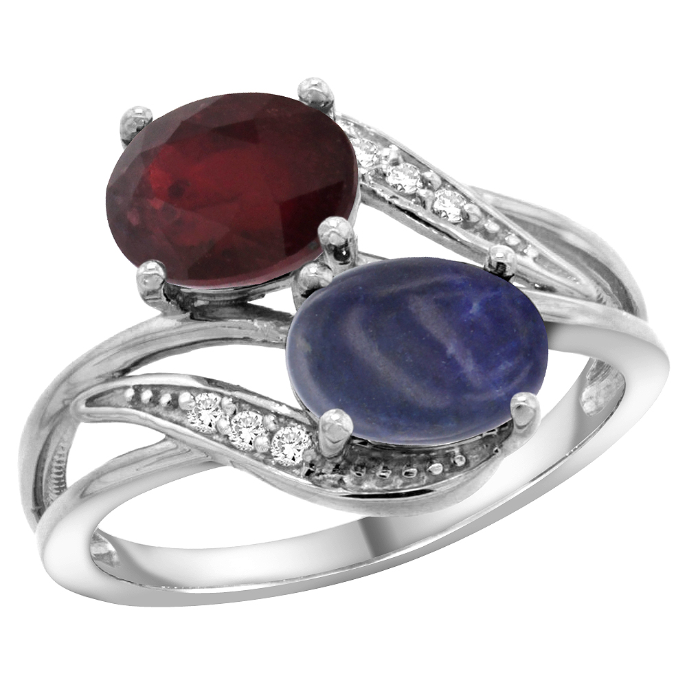 14K White Gold Diamond Natural Quality Ruby &amp; Lapis 2-stone Mothers Ring Oval 8x6mm, size 5 - 10