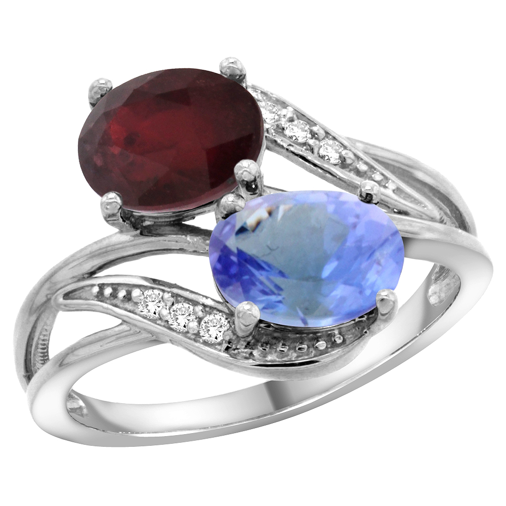 10K White Gold Diamond Natural Quality Ruby & Tanzanite 2-stone Mothers Ring Oval 8x6mm, size 5 - 10