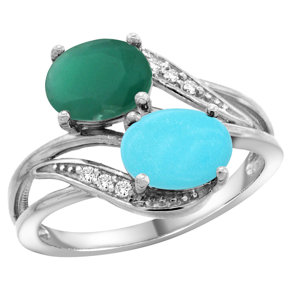 14K White Gold Diamond Natural Quality Emerald &amp; Turquoise 2-stone Mothers Ring Oval 8x6mm, size 5 - 10