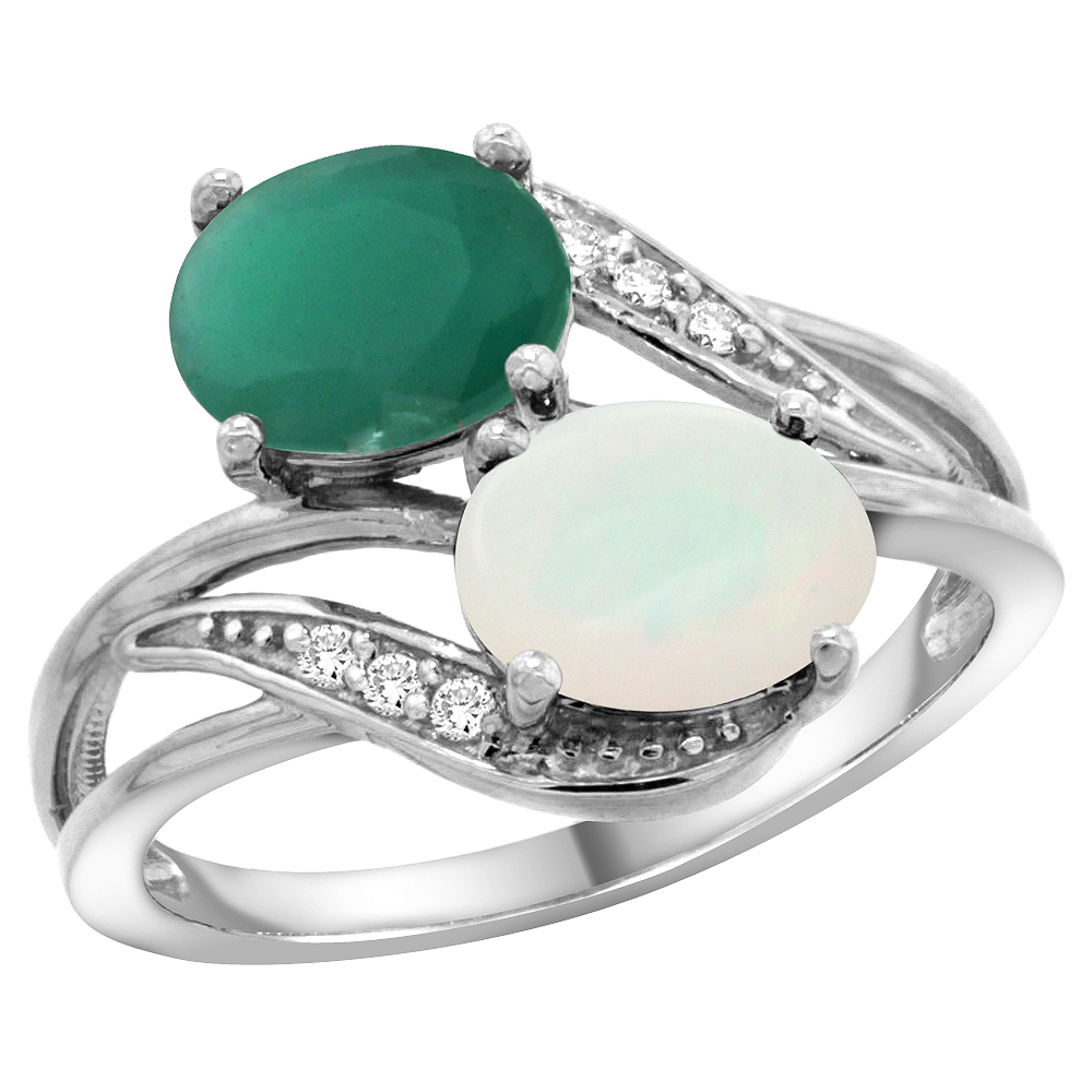 14K White Gold Diamond Natural Quality Emerald &amp; Opal 2-stone Mothers Ring Oval 8x6mm, size 5 - 10