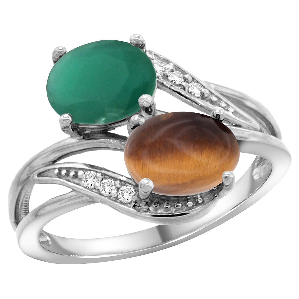 14K White Gold Diamond Natural Quality Emerald &amp; Tiger Eye 2-stone Mothers Ring Oval 8x6mm, size 5 - 10