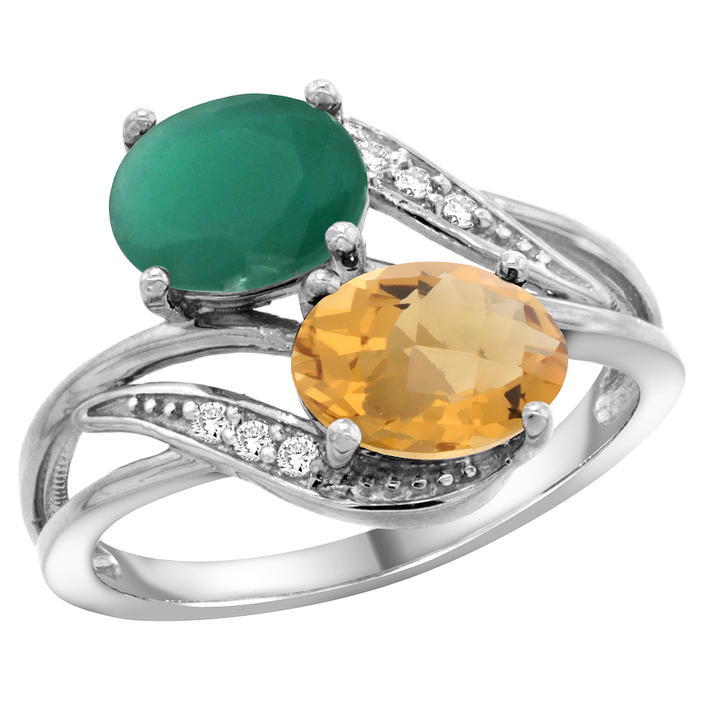 14K White Gold Diamond Natural Quality Emerald &amp; Whisky Quartz 2-stone Mothers Ring Oval 8x6mm, sz 5 - 10