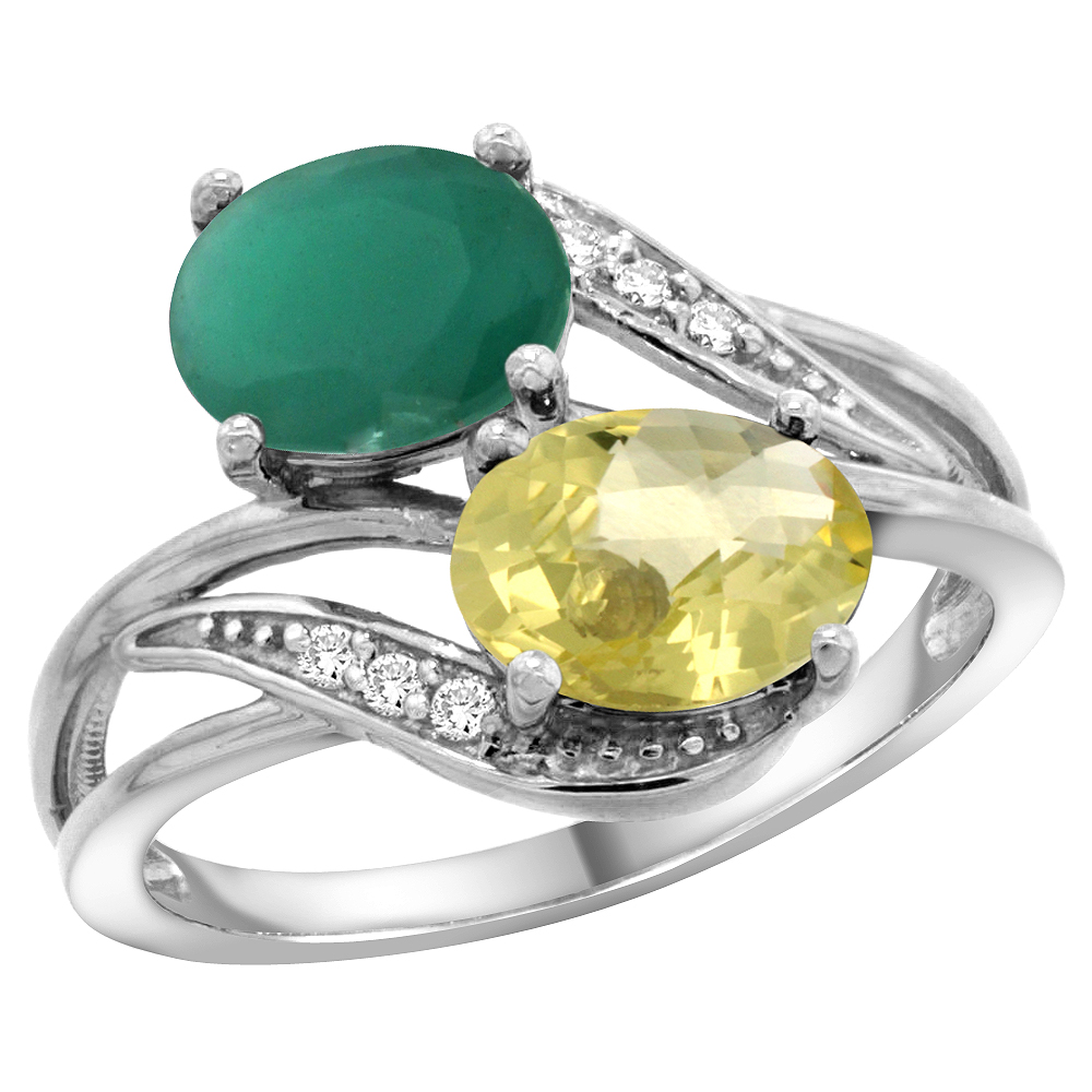 14K White Gold Diamond Natural Quality Emerald &amp; Lemon Quartz 2-stone Mothers Ring Oval 8x6mm, size5 - 10