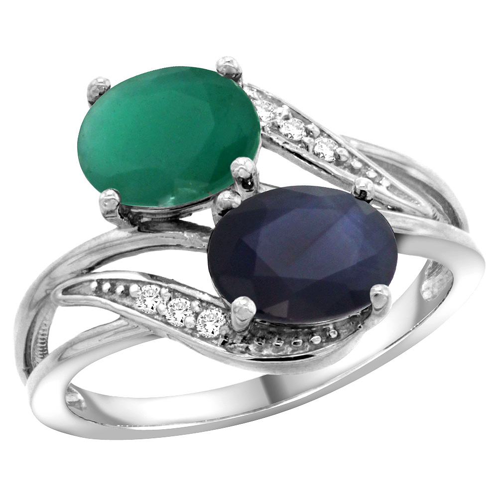 14K White Gold Diamond Natural Quality Emerald &amp; Australian Sapphire 2-stone Ring Oval 8x6mm,size5-10