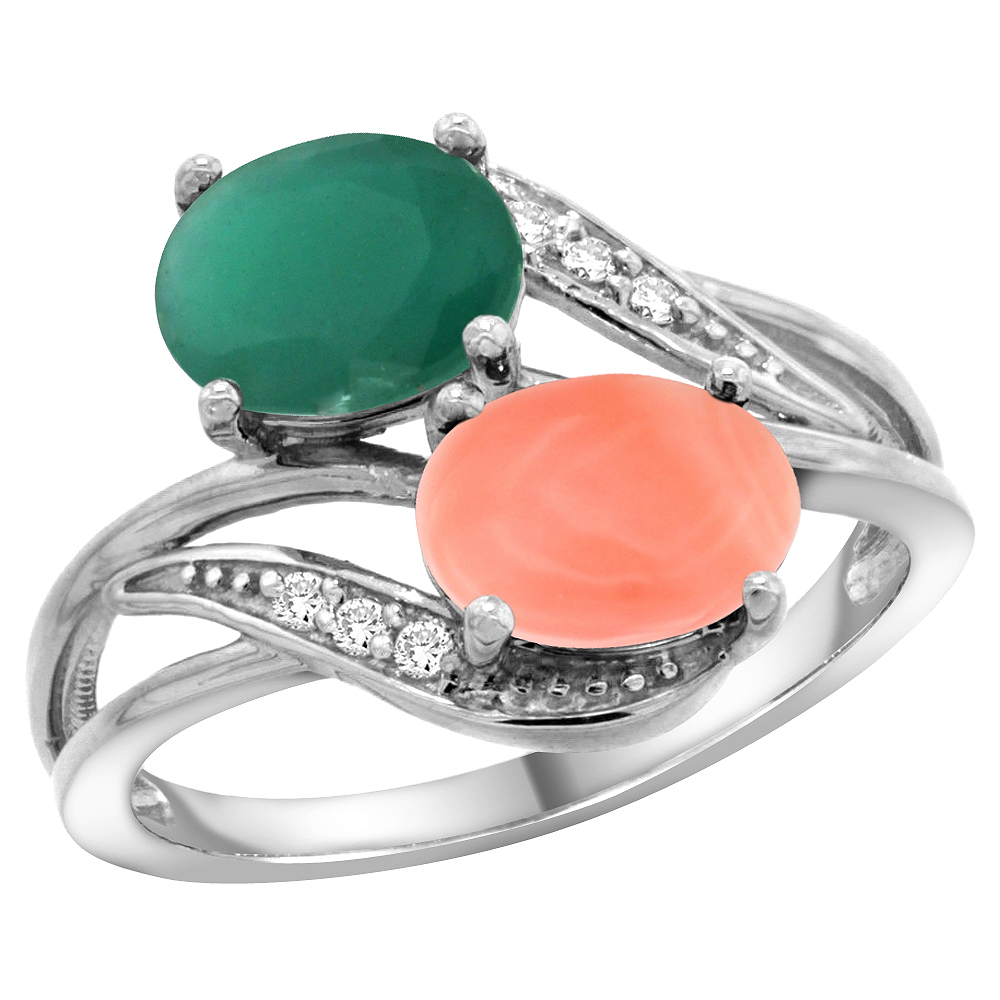 14K WHITE GOLD DIAMOND NATURAL QUALITY EMERALD & CORAL 2-STONE MOTHERS RING OVAL 8X6MM, SIZE 5 - 10