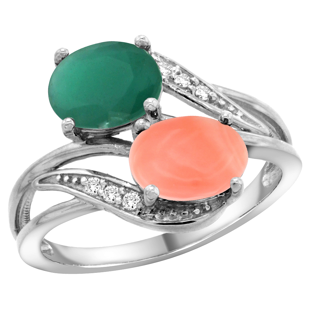 14K White Gold Diamond Natural Quality Emerald &amp; Coral 2-stone Mothers Ring Oval 8x6mm, size 5 - 10