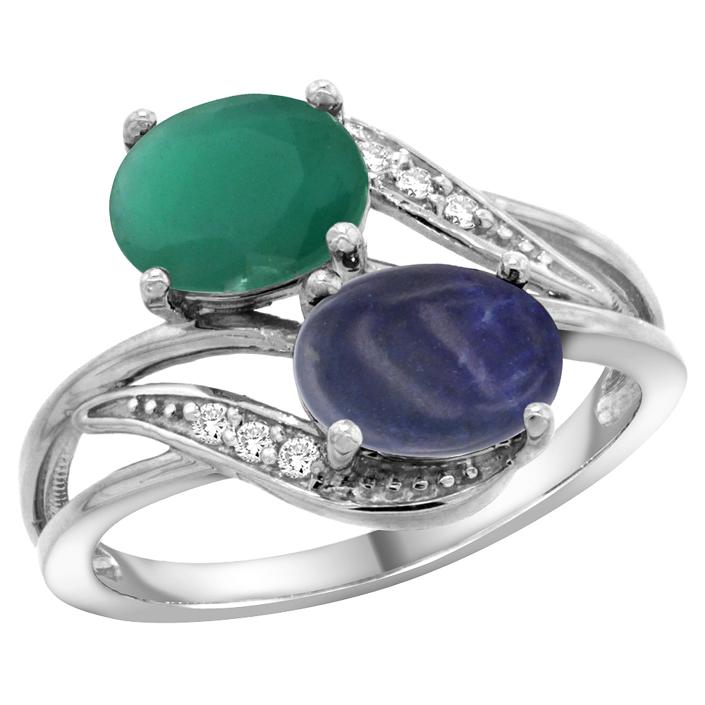 10K White Gold Diamond Natural Quality Emerald & Lapis 2-stone Mothers Ring Oval 8x6mm, size 5 - 10
