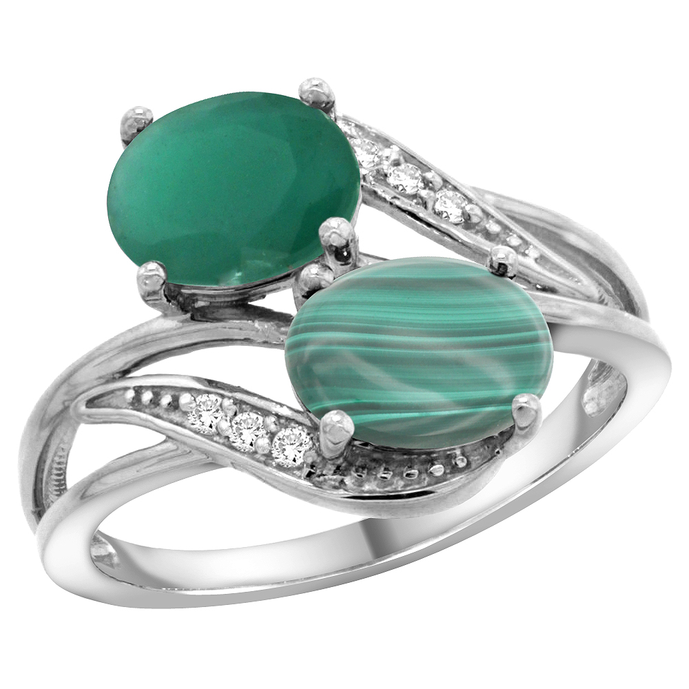10K White Gold Diamond Natural Quality Emerald & Malachite 2-stone Mothers Ring Oval 8x6mm, size 5 - 10