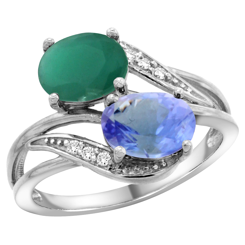 14K WHITE GOLD DIAMOND NATURAL QUALITY EMERALD & TANZANITE 2-STONE MOTHERS RING OVAL 8X6MM, SIZE 5 - 10