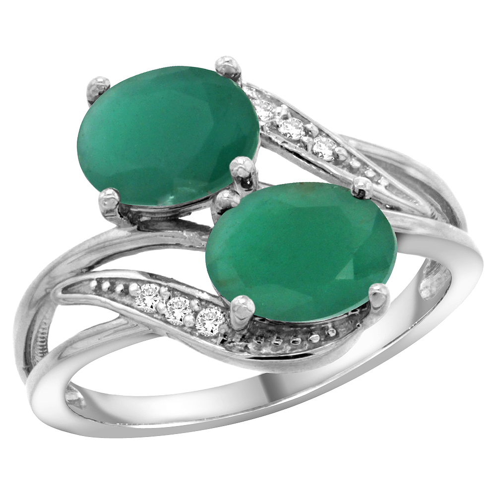 14K White Gold Diamond Natural Quality Emerald 2-stone Mothers Ring Oval 8x6mm, size 5 - 10