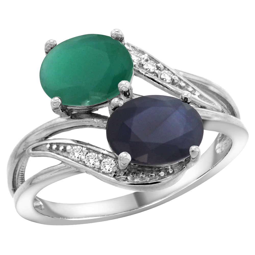 10K White Gold Diamond Natural Quality Emerald &amp; Blue Sapphire 2-stone Mothers Ring Oval 8x6mm, sz 5 - 10