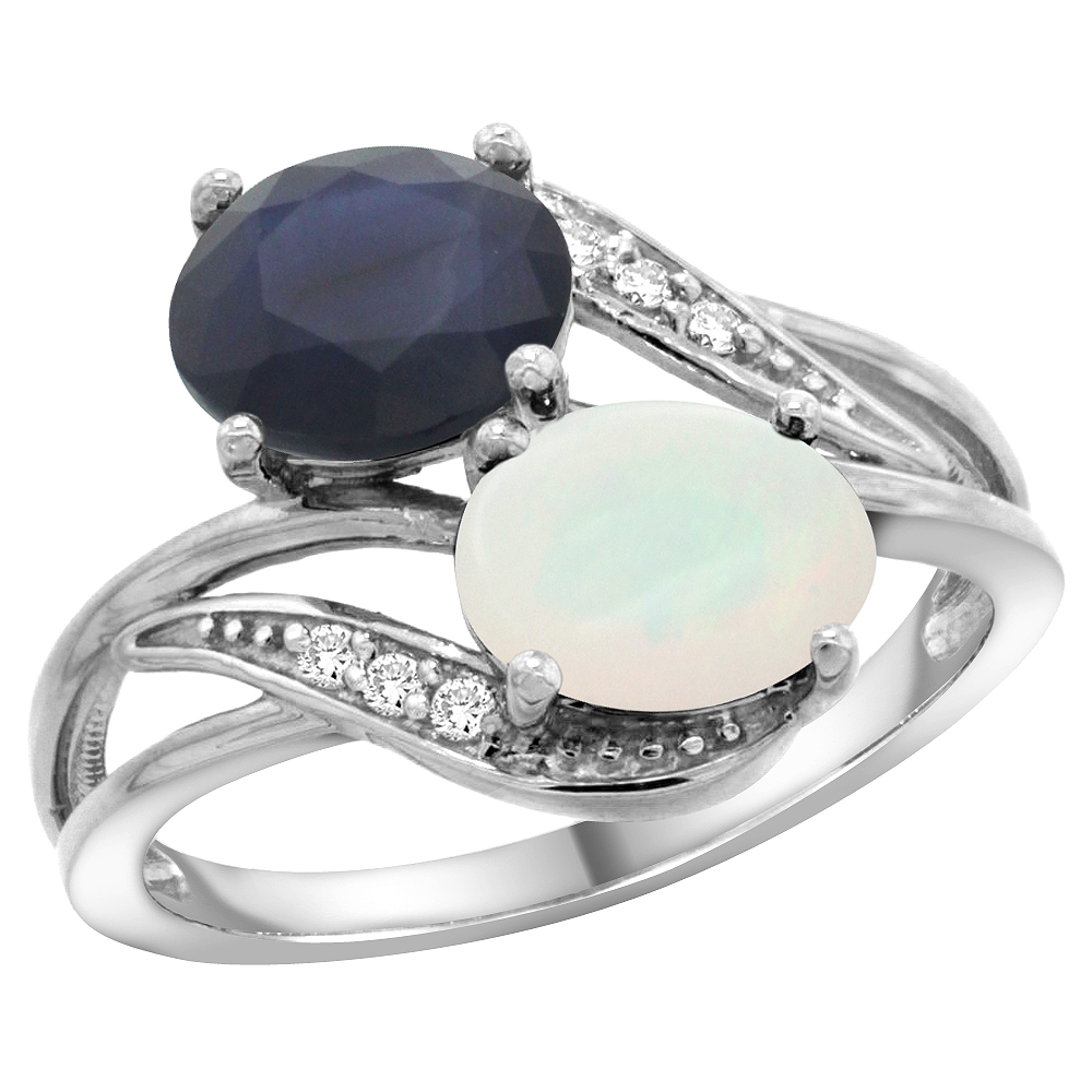14K White Gold Diamond Natural Quality Blue Sapphire & Opal 2-stone Mothers Ring Oval 8x6mm, size 5 - 10
