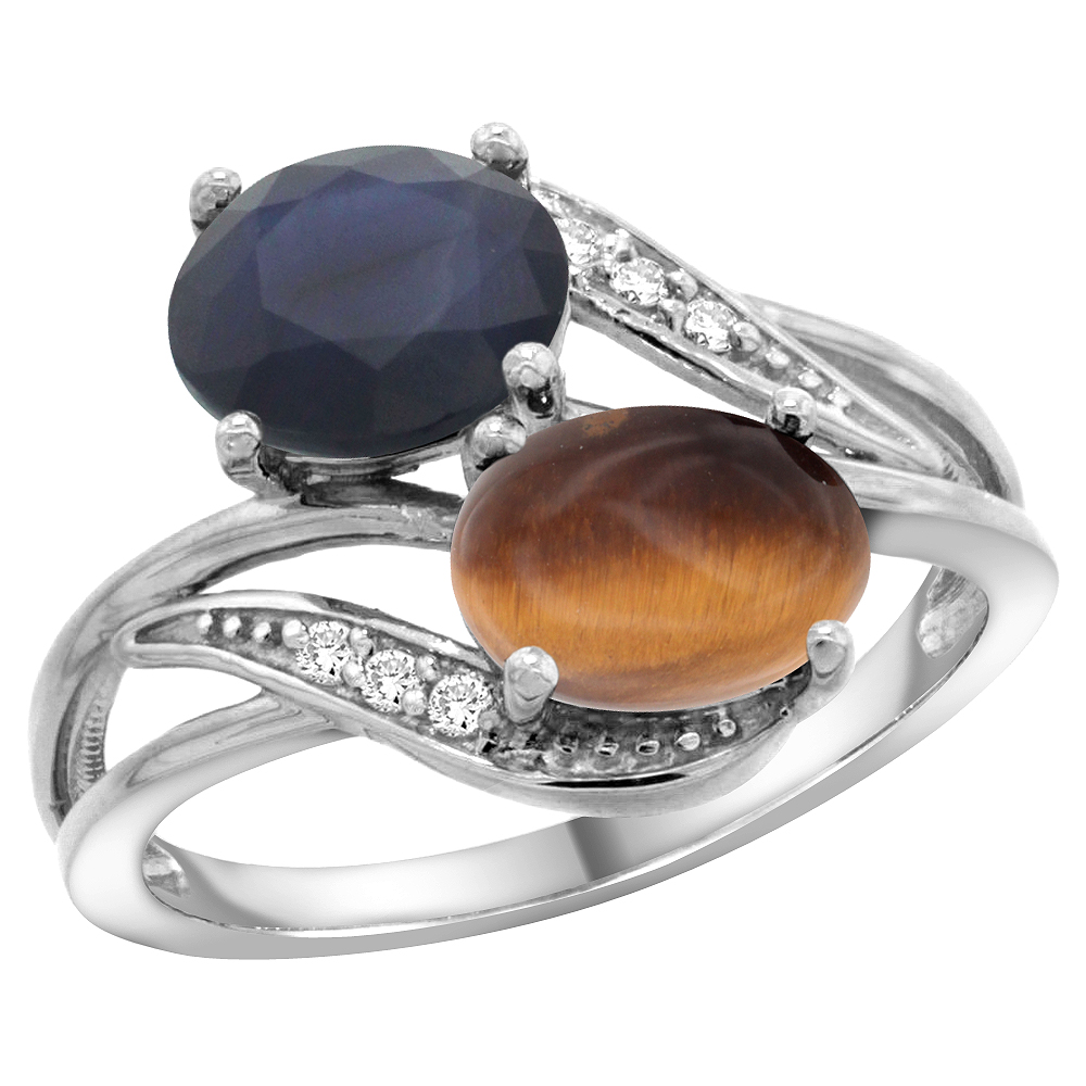 14K WHITE GOLD DIAMOND NATURAL QUALITY BLUE SAPPHIRE & TIGER EYE 2-STONE MOTHERS RING OVAL 8X6MM,SZ5 - 10