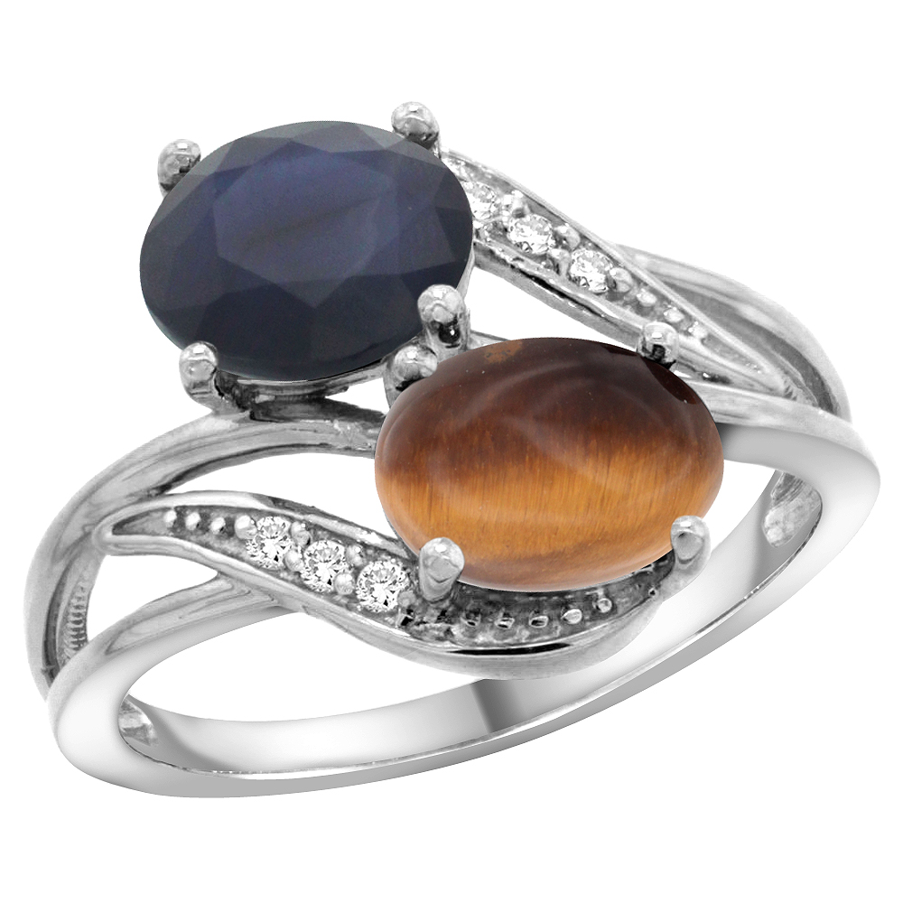 14K White Gold Diamond Natural Quality Blue Sapphire &amp; Tiger Eye 2-stone Mothers Ring Oval 8x6mm,sz5 - 10