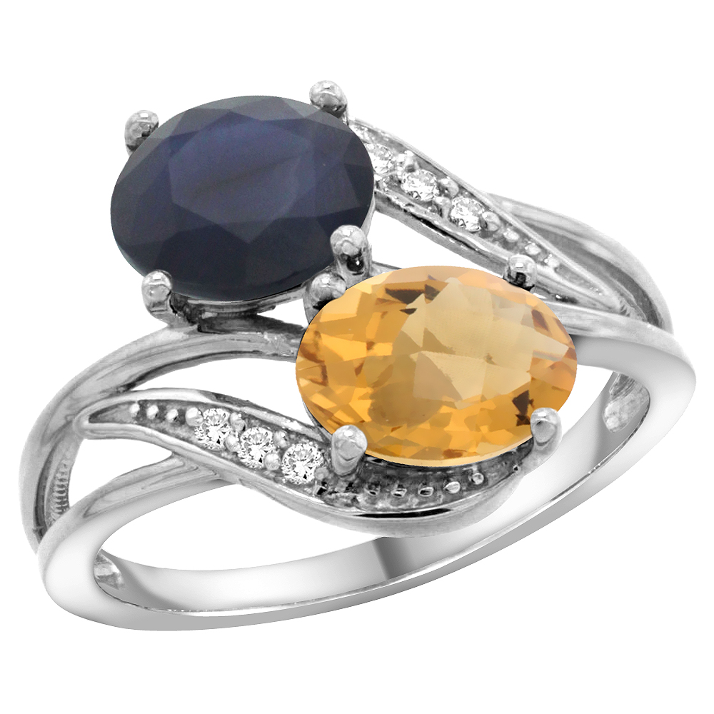 14K White Gold Diamond Natural Quality Blue Sapphire &amp; Whisky Quartz 2-stone Ring Oval 8x6mm,size5-10