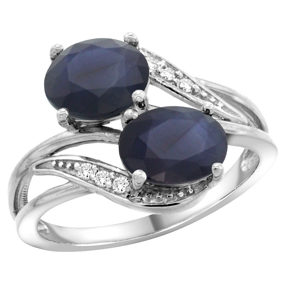 14K White Gold Diamond Natural Quality Blue Sapphire &amp; Australian Sapphire 2-stone Ring Oval 8x6mm,sz5-10