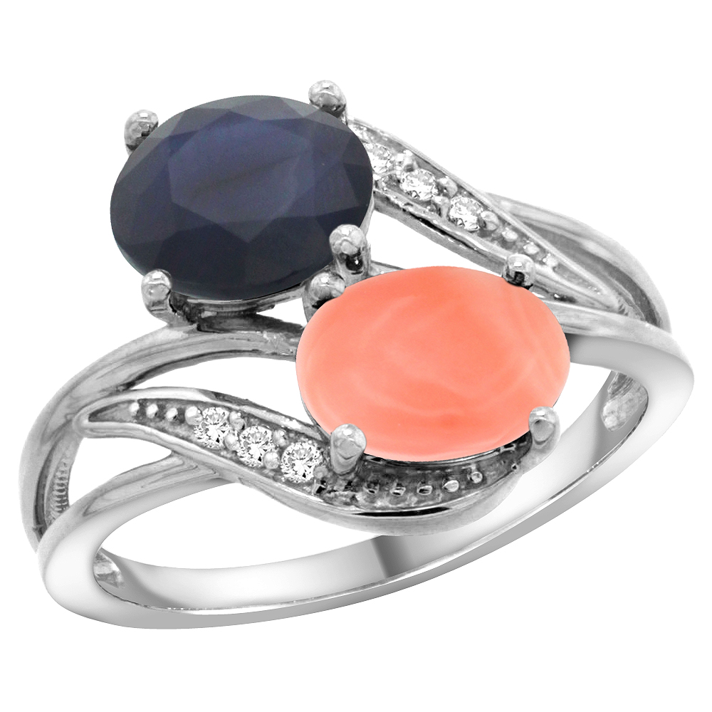 14K White Gold Diamond Natural Quality Blue Sapphire & Coral 2-stone Mothers Ring Oval 8x6mm, size 5 - 10