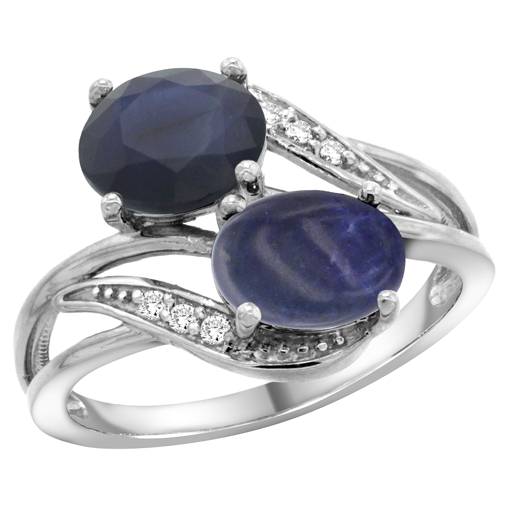 14K White Gold Diamond Natural Quality Blue Sapphire &amp; Lapis 2-stone Mothers Ring Oval 8x6mm, size 5 - 10