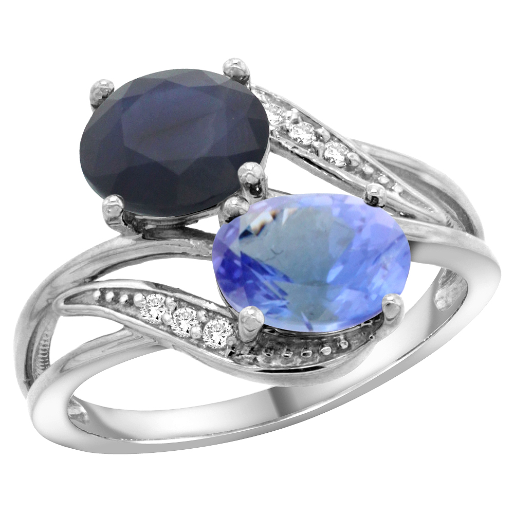 14K White Gold Diamond Natural Quality Blue Sapphire & Tanzanite 2-stone Mothers Ring Oval 8x6mm,sz5 - 10