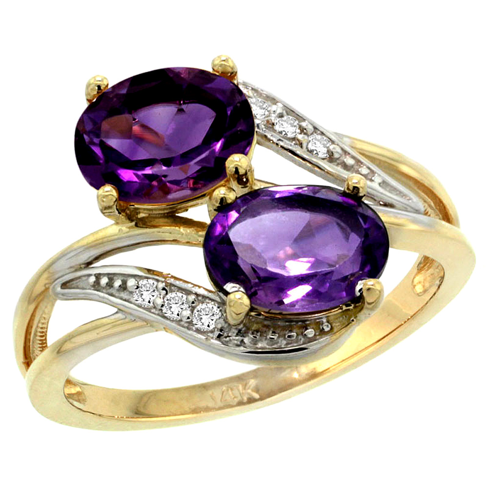 10K Yellow Gold Diamond Natural Amethyst 2-stone Ring Oval 8x6mm, sizes 5 - 10