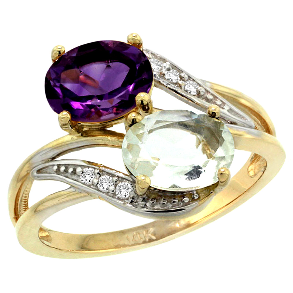 14K Yellow Gold Diamond Natural Purple & Green Amethyst 2-stone Ring Oval 8x6mm, sizes 5 - 10
