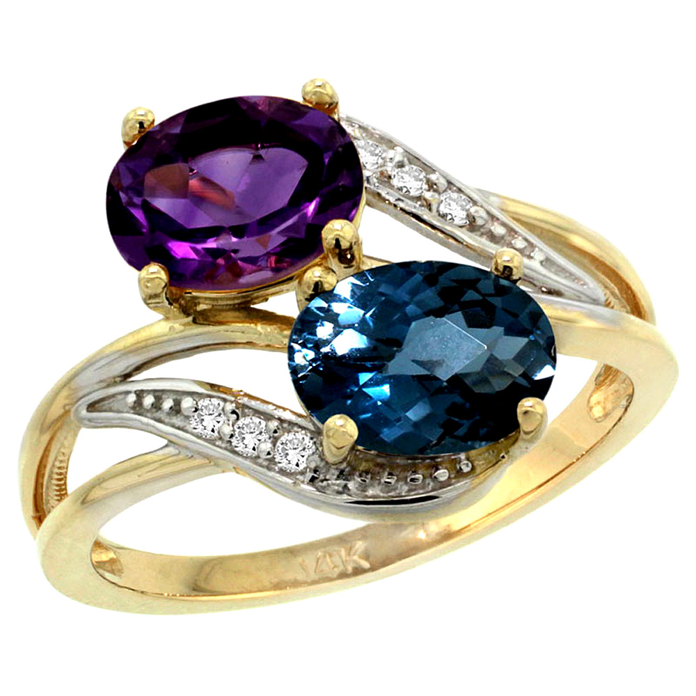 14K YELLOW GOLD DIAMOND NATURAL AMETHYST & LONDON BLUE TOPAZ 2-STONE RING OVAL 8X6MM, SIZES 5 - 10