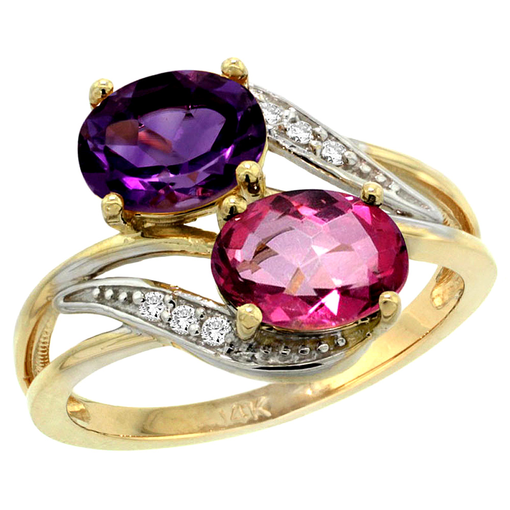 14K Yellow Gold Diamond Natural Amethyst &amp; Pink Topaz 2-stone Ring Oval 8x6mm, sizes 5 - 10