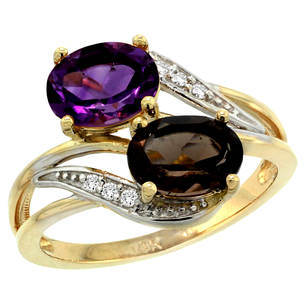 14K YELLOW GOLD DIAMOND NATURAL AMETHYST & SMOKY TOPAZ 2-STONE RING OVAL 8X6MM, SIZES 5 - 10