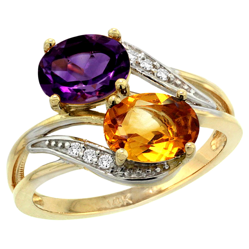 14K Yellow Gold Diamond Natural Amethyst &amp; Citrine 2-stone Ring Oval 8x6mm, sizes 5 - 10