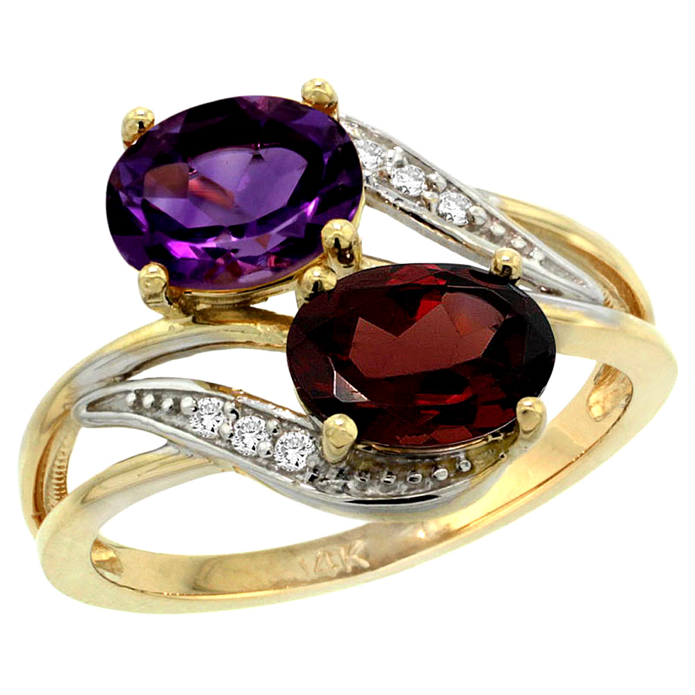 14K YELLOW GOLD DIAMOND NATURAL AMETHYST & GARNET 2-STONE RING OVAL 8X6MM, SIZES 5 - 10