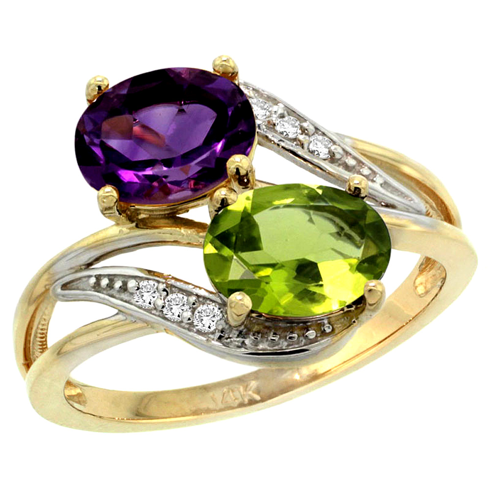 14K YELLOW GOLD DIAMOND NATURAL AMETHYST & PERIDOT 2-STONE RING OVAL 8X6MM, SIZES 5 - 10