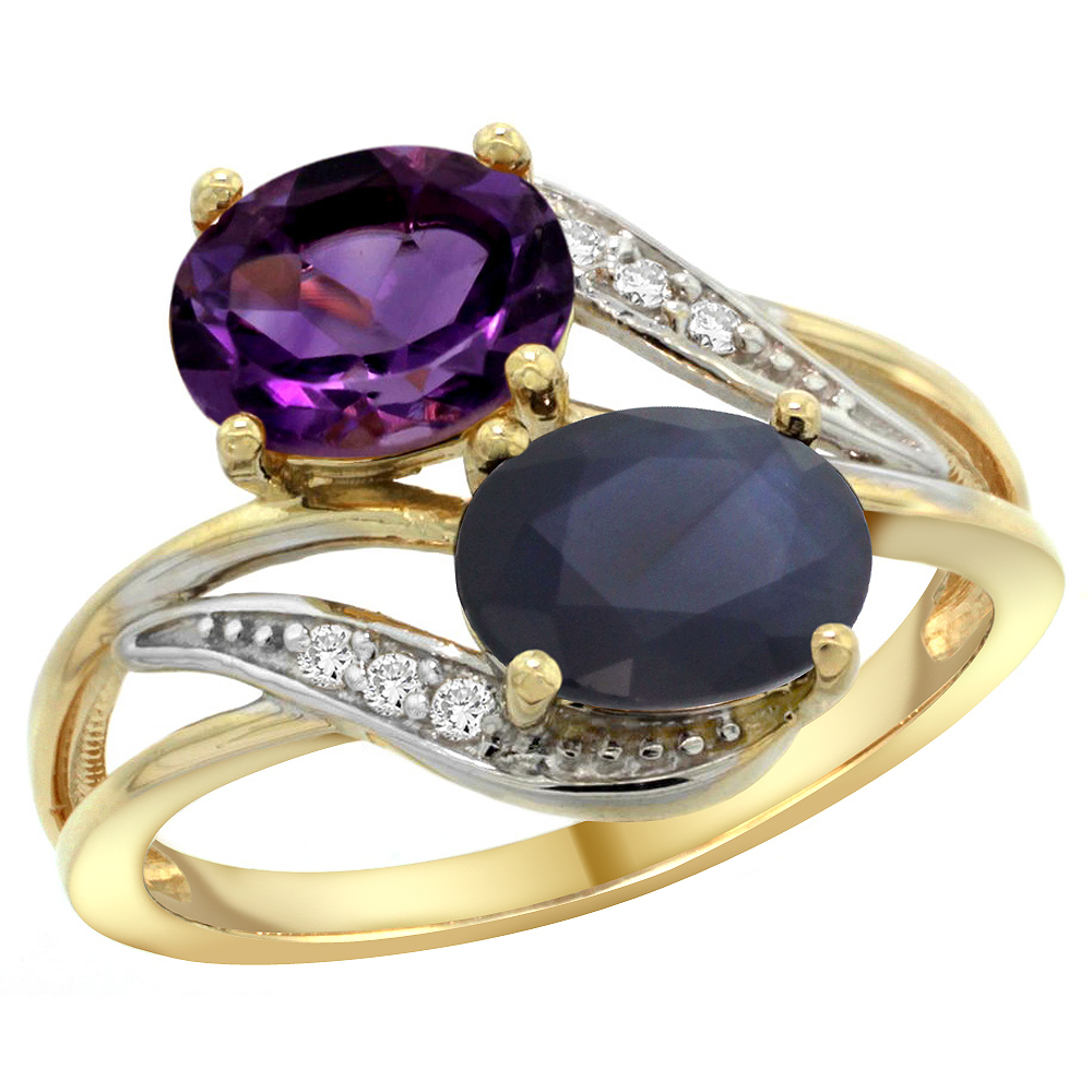 14K Yellow Gold Diamond Natural Amethyst &amp; Blue Sapphire 2-stone Ring Oval 8x6mm, sizes 5 - 10