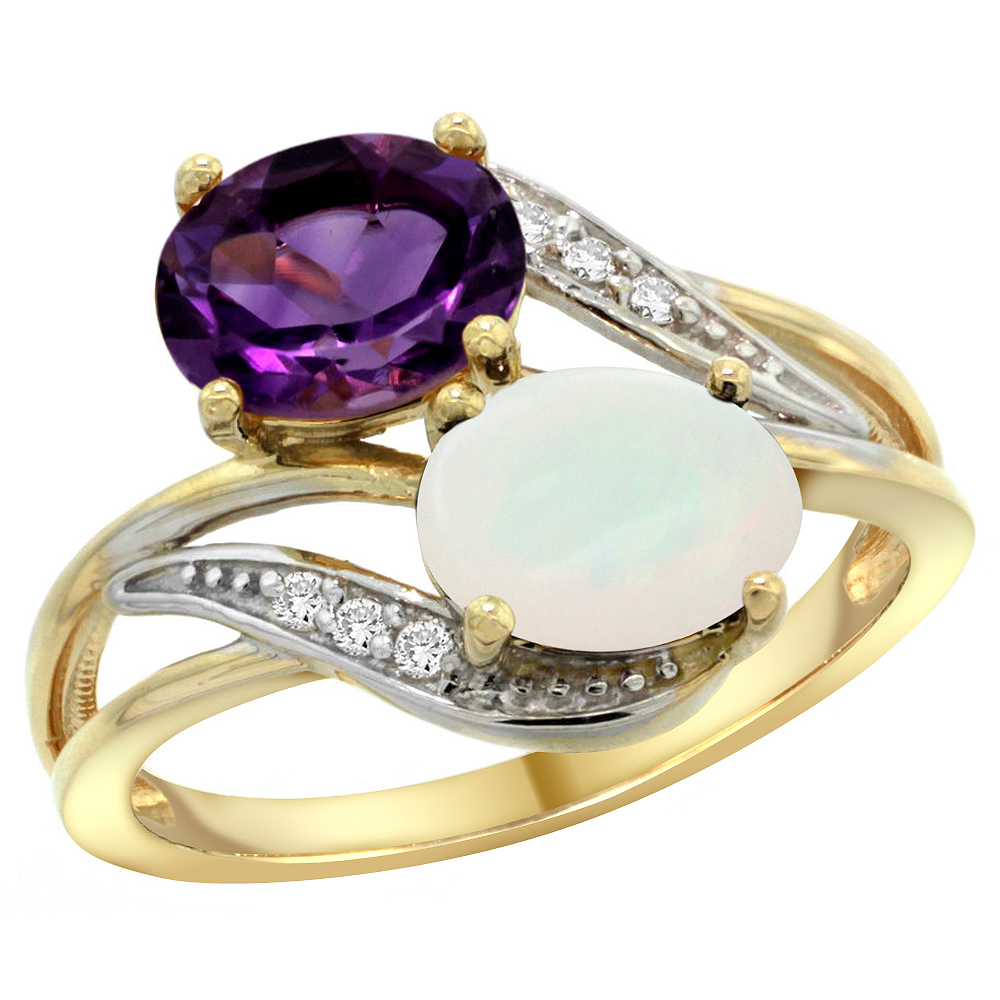 14K YELLOW GOLD DIAMOND NATURAL AMETHYST & OPAL 2-STONE RING OVAL 8X6MM, SIZES 5 - 10