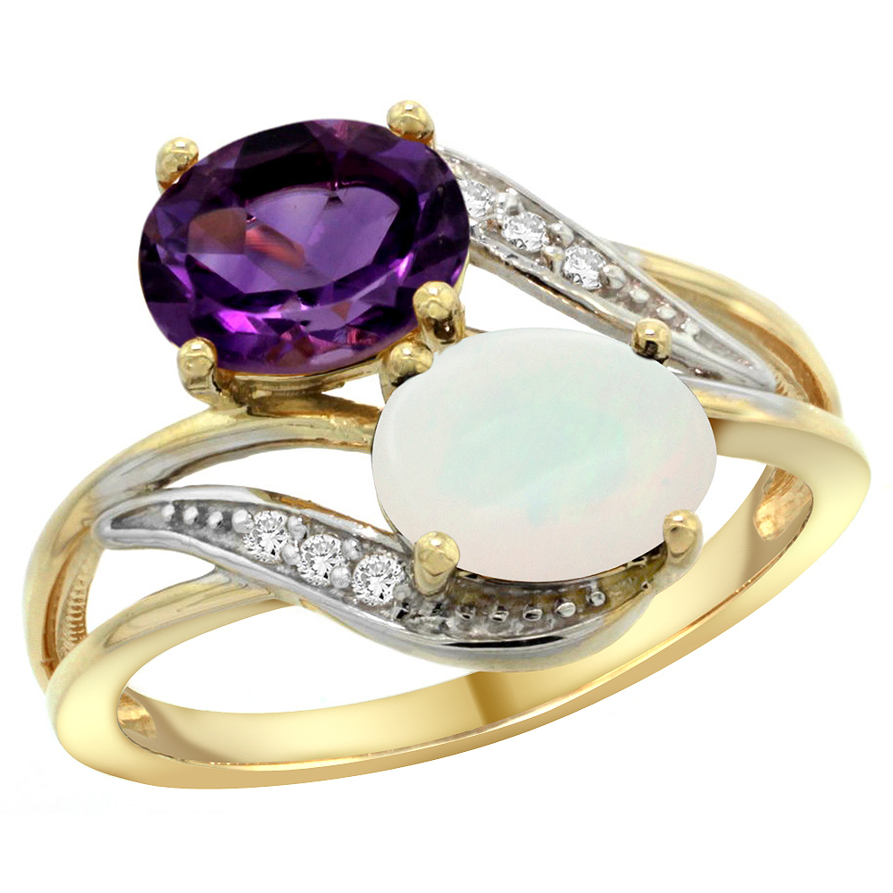 14K Yellow Gold Diamond Natural Amethyst &amp; Opal 2-stone Ring Oval 8x6mm, sizes 5 - 10