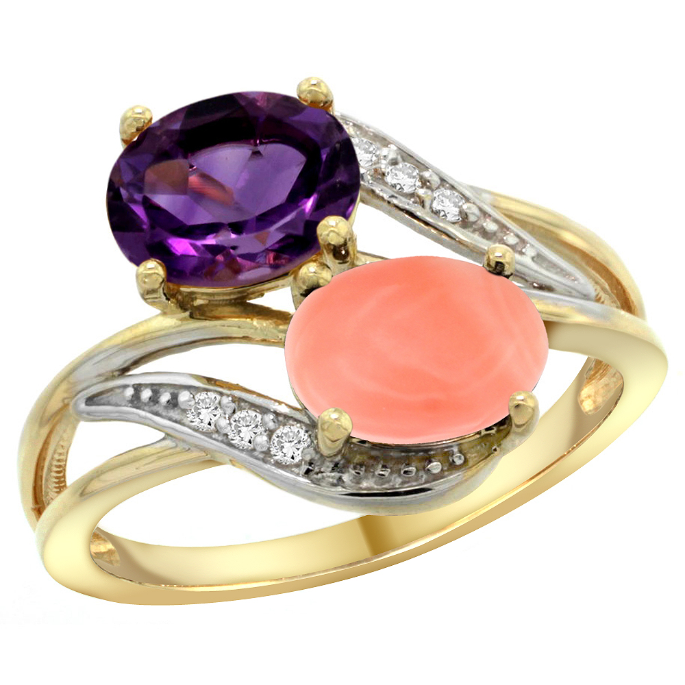 14K Yellow Gold Diamond Natural Amethyst &amp; Coral 2-stone Ring Oval 8x6mm, sizes 5 - 10