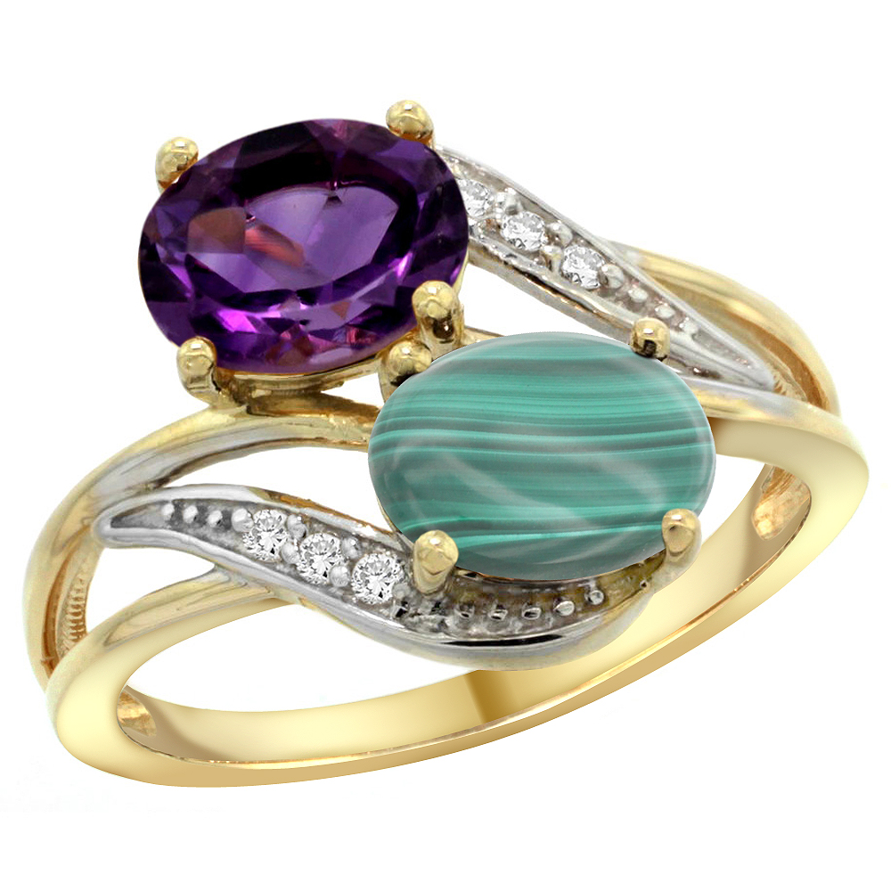14K YELLOW GOLD DIAMOND NATURAL AMETHYST & MALACHITE 2-STONE RING OVAL 8X6MM, SIZES 5 - 10