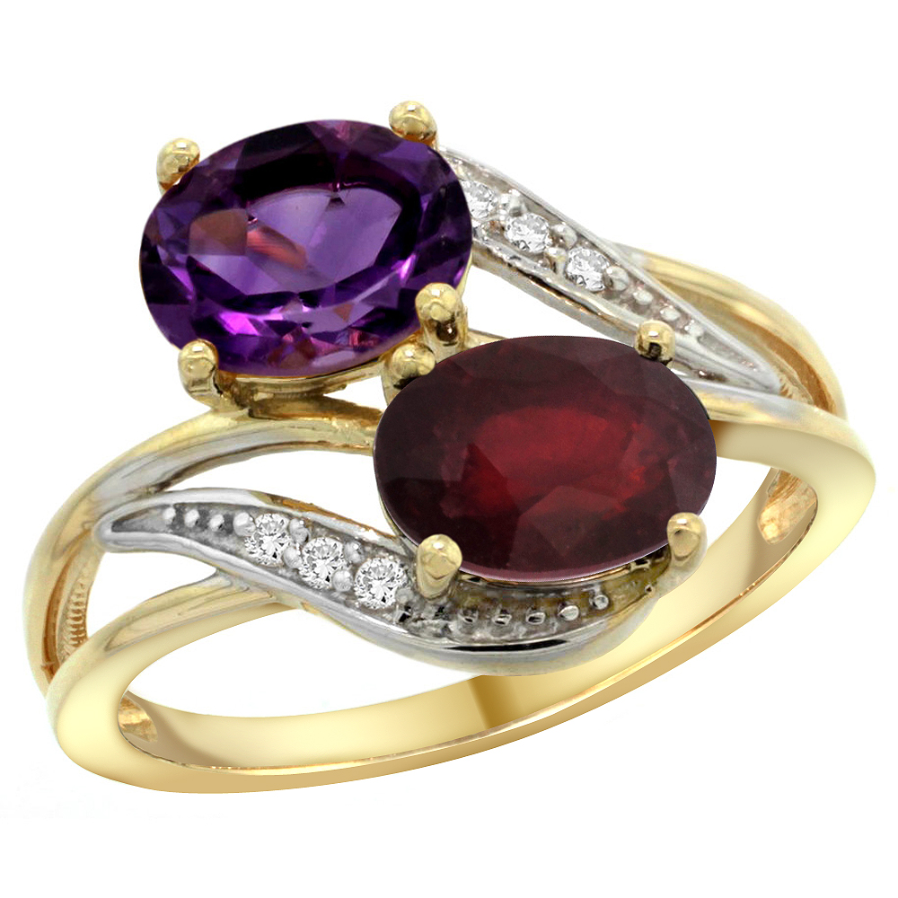 14K Yellow Gold Diamond Natural Amethyst &amp; Quality Ruby 2-stone Mothers Ring Oval 8x6mm, size 5 - 10