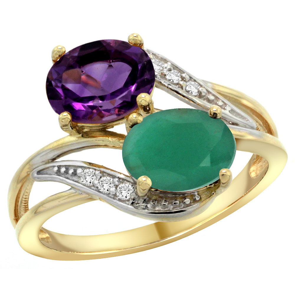 14K Yellow Gold Diamond Natural Amethyst & Quality Emerald 2-stone Mothers Ring Oval 8x6mm, size 5 - 10