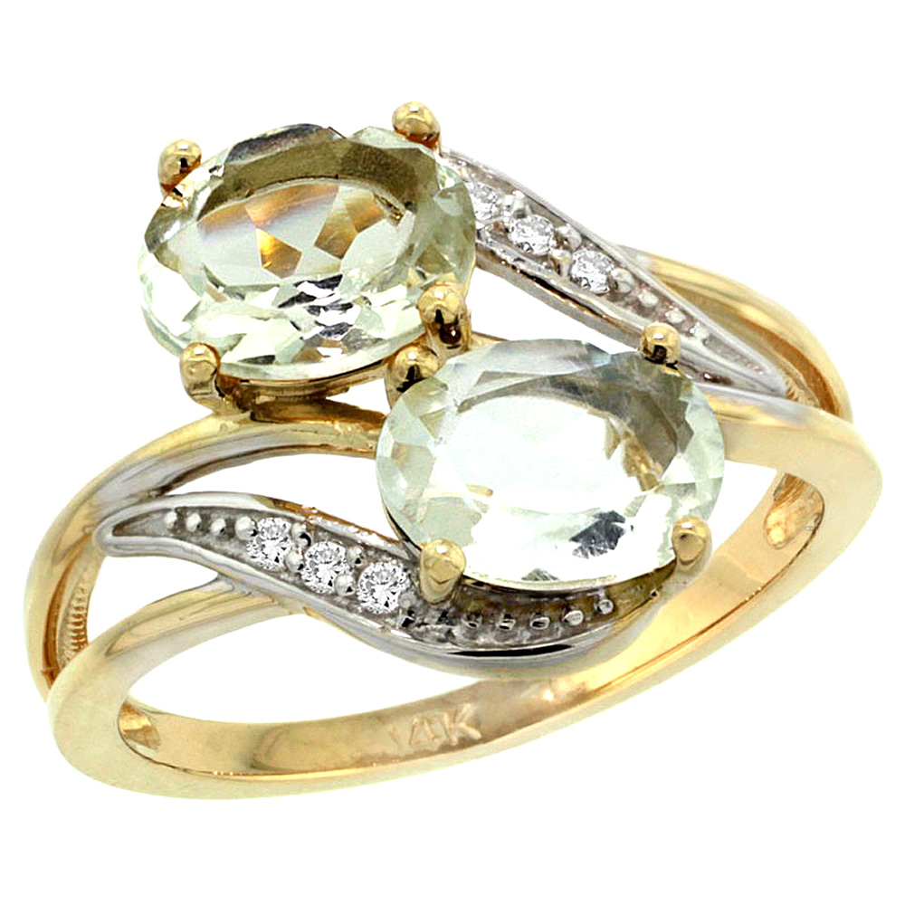 14K Yellow Gold Diamond Natural Green Amethyst 2-stone Ring Oval 8x6mm, sizes 5 - 10
