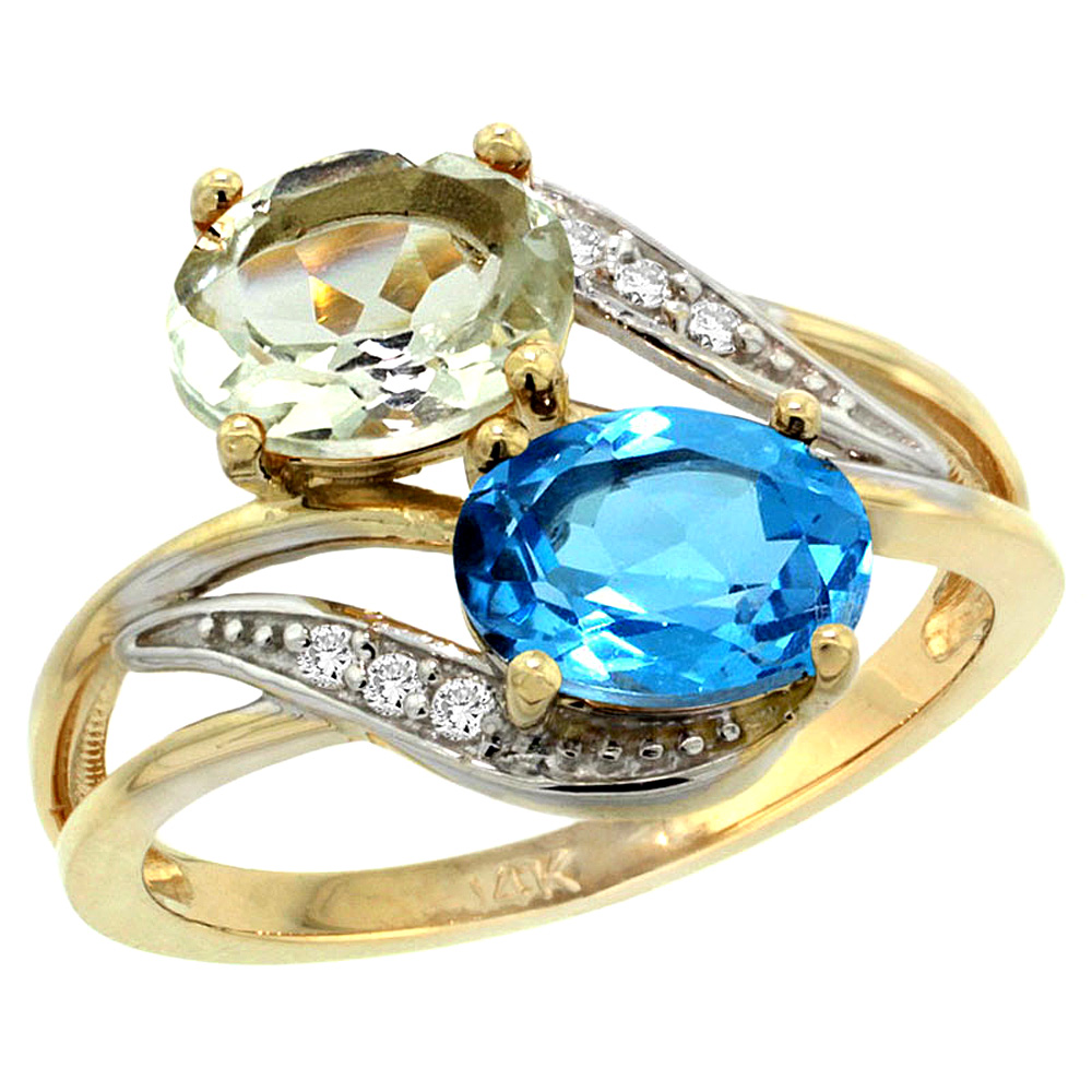 10K Yellow Gold Diamond Natural Green Amethyst &amp; Swiss Blue Topaz 2-stone Ring Oval 8x6mm, sizes 5 - 10