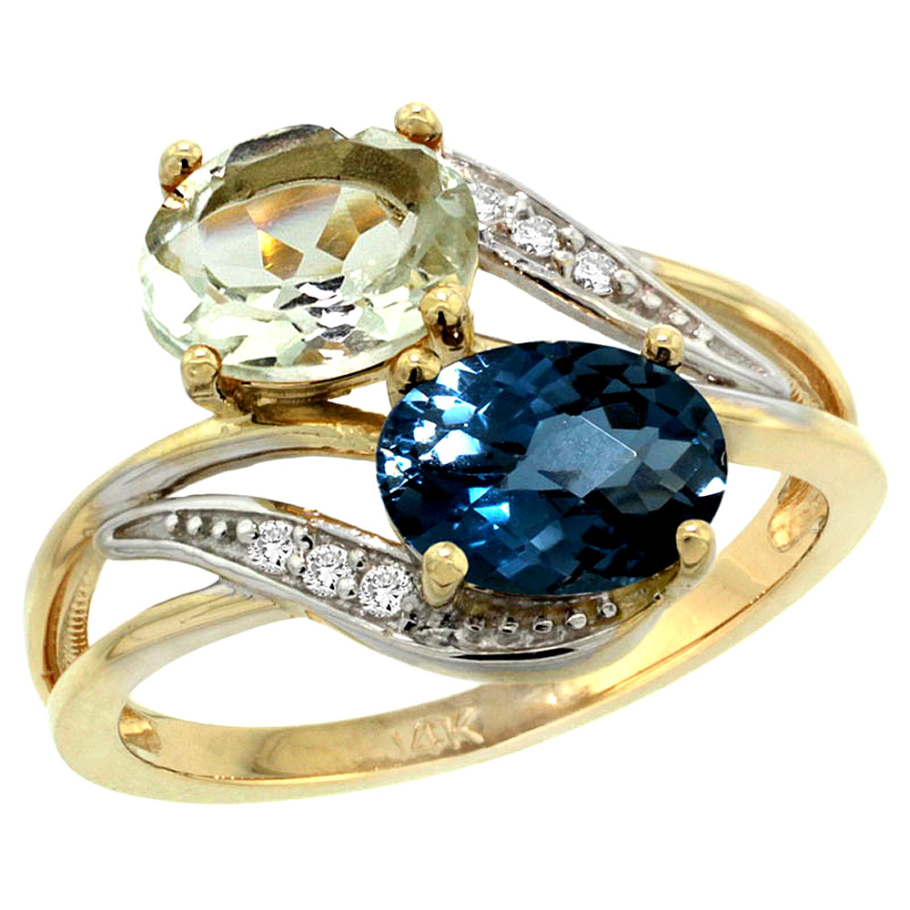 14K Yellow Gold Diamond Natural Green Amethyst &amp; London Blue Topaz 2-stone Ring Oval 8x6mm, sizes 5 - 10