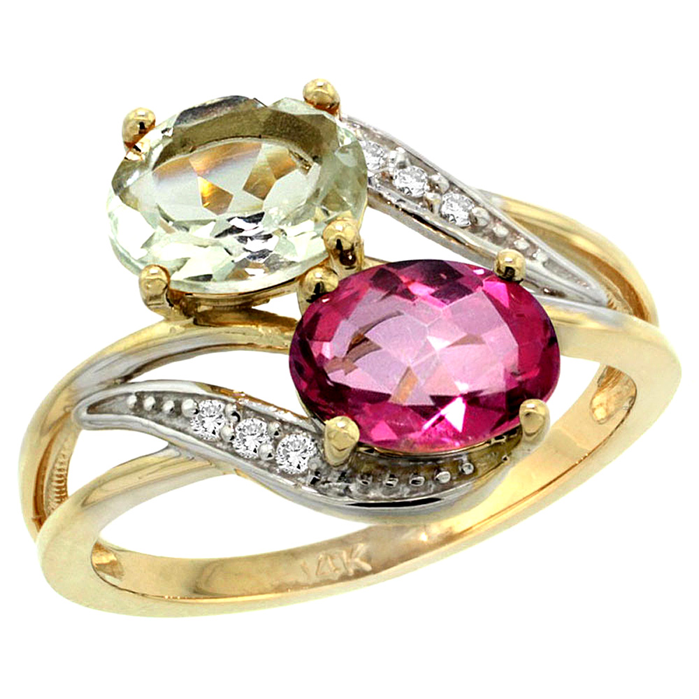 14K Yellow Gold Diamond Natural Green Amethyst &amp; Pink Topaz 2-stone Ring Oval 8x6mm, sizes 5 - 10