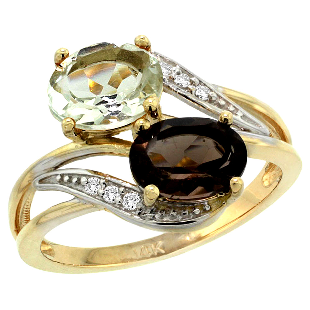 14K Yellow Gold Diamond Natural Green Amethyst & Smoky Topaz 2-stone Ring Oval 8x6mm, sizes 5 - 10