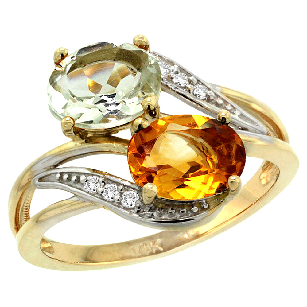 14K Yellow Gold Diamond Natural Green Amethyst & Citrine 2-stone Ring Oval 8x6mm, sizes 5 - 10