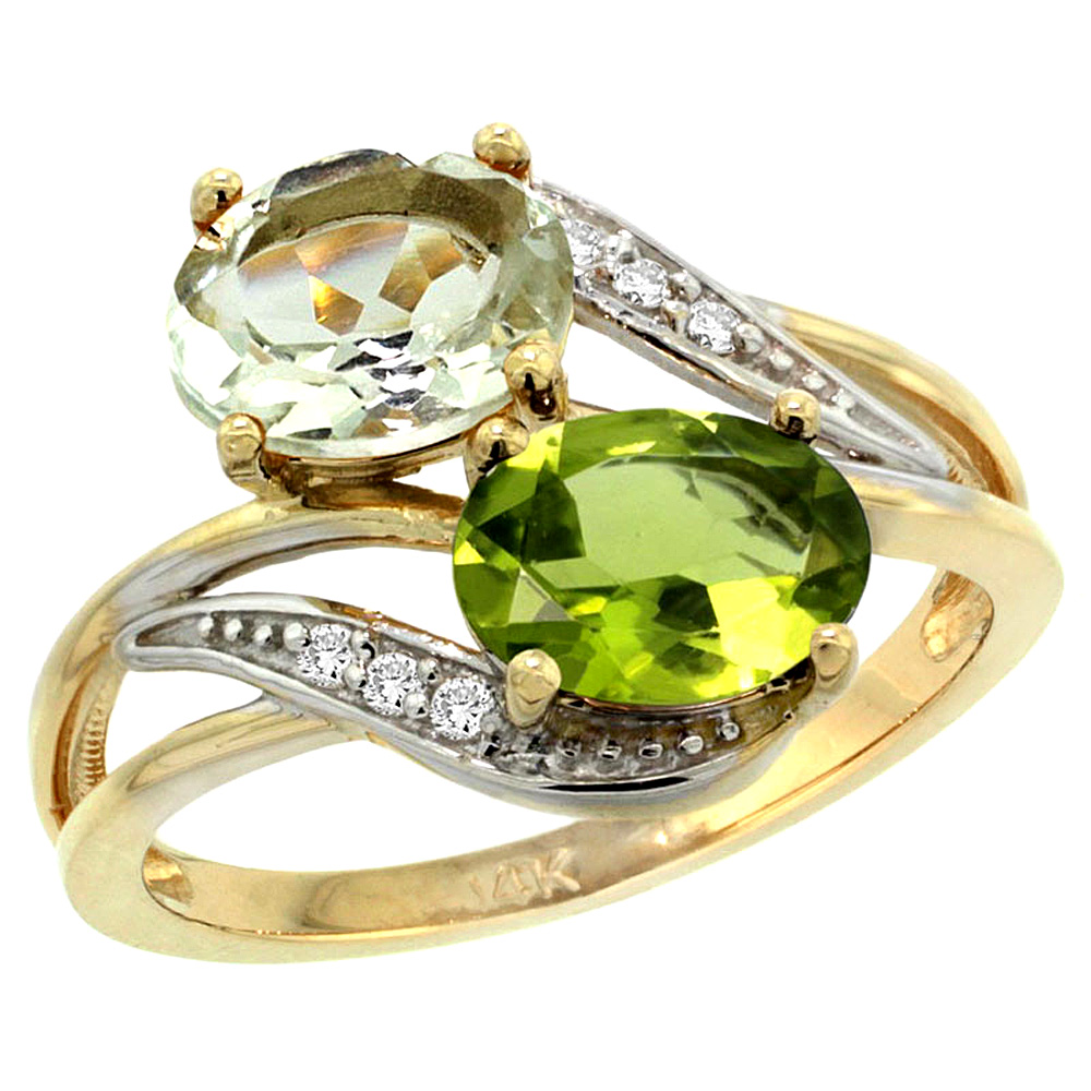 14K YELLOW GOLD DIAMOND NATURAL GREEN AMETHYST & PERIDOT 2-STONE RING OVAL 8X6MM, SIZES 5 - 10