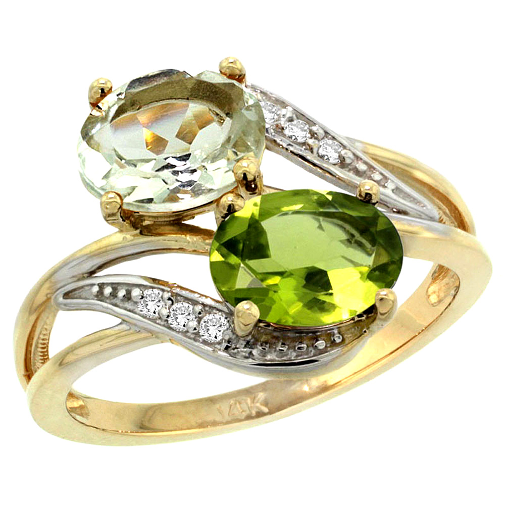 10K Yellow Gold Diamond Natural Green Amethyst &amp; Peridot 2-stone Ring Oval 8x6mm, sizes 5 - 10