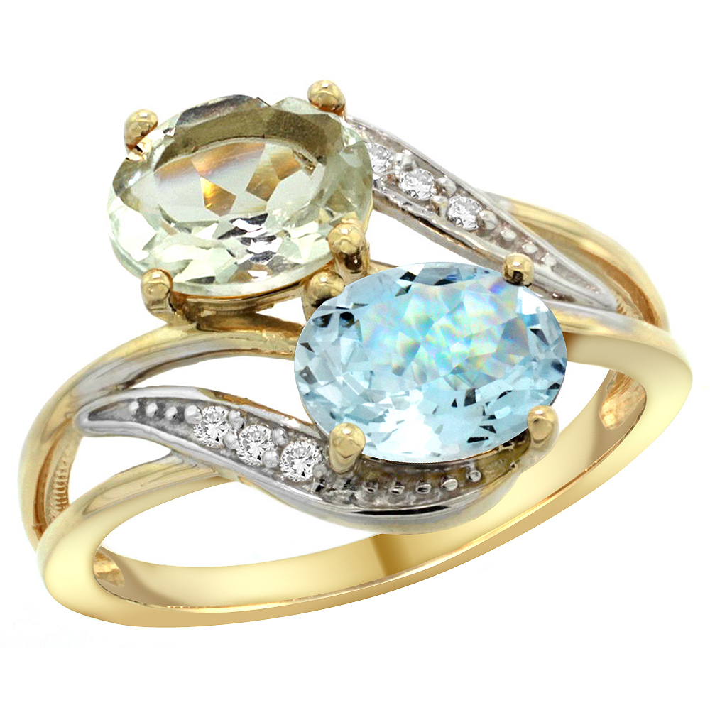 14K Yellow Gold Diamond Natural Green Amethyst &amp; Aquamarine 2-stone Ring Oval 8x6mm, sizes 5 - 10