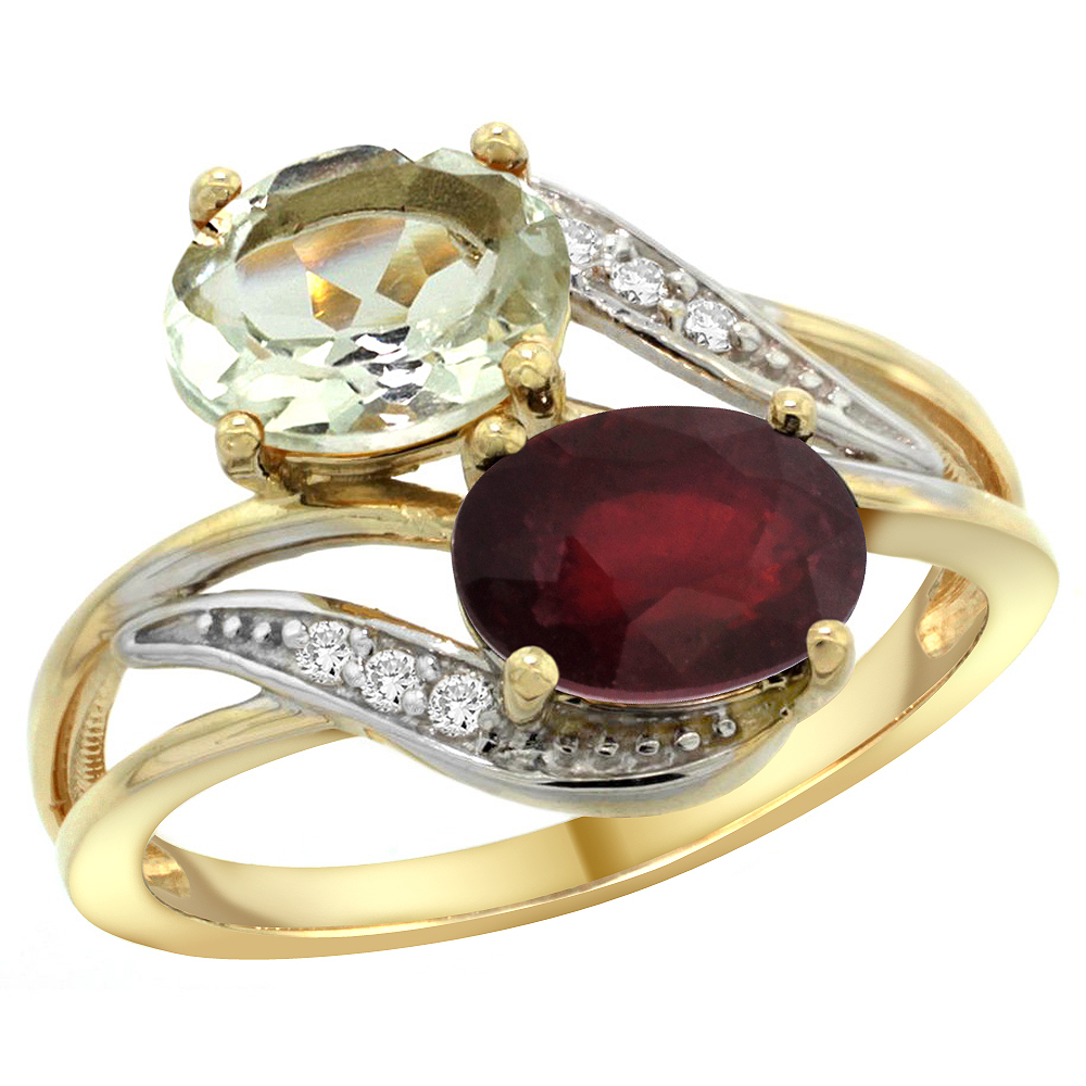 10K Yellow Gold Diamond Natural Green Amethyst &amp; Enhanced Ruby 2-stone Ring Oval 8x6mm, sizes 5 - 10