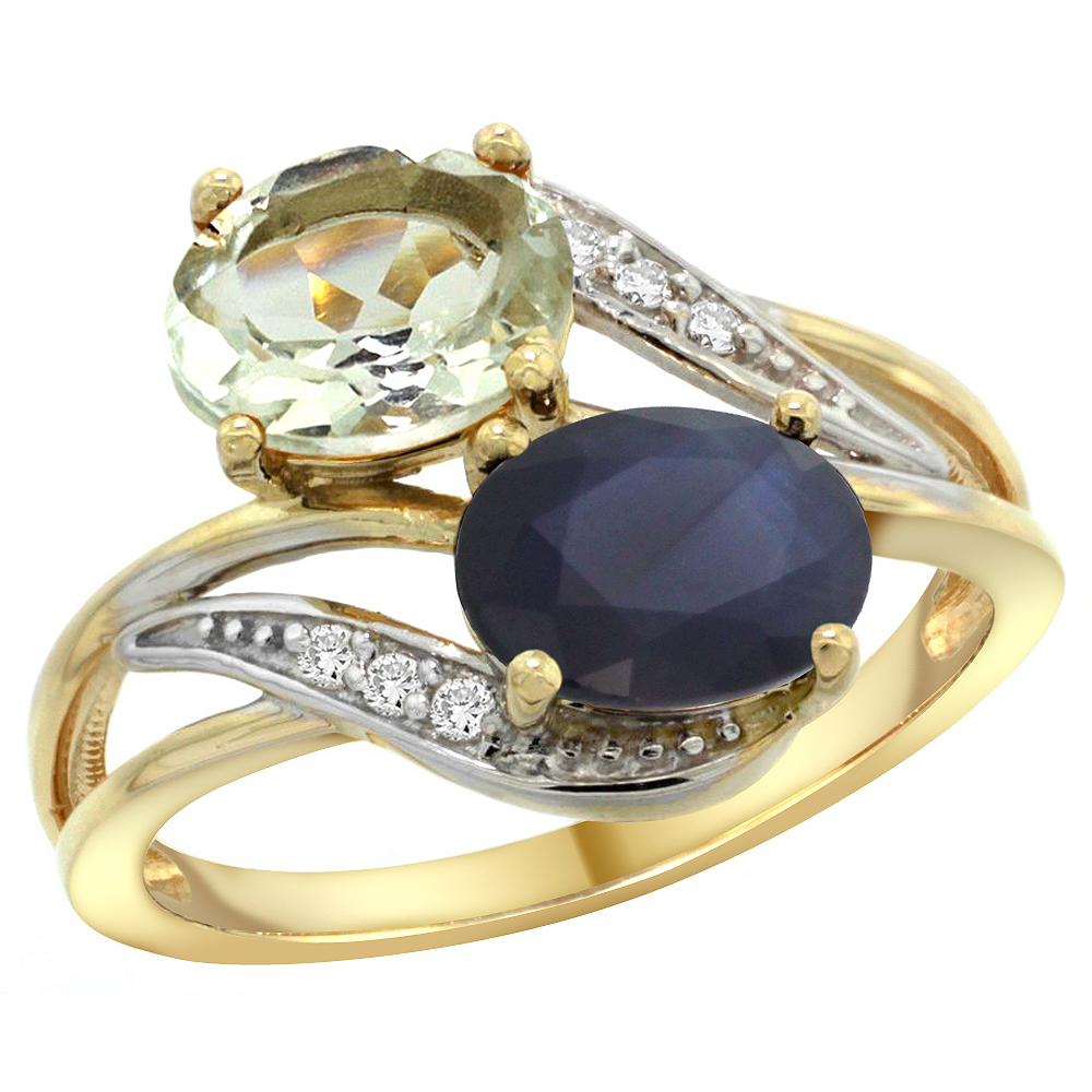 14K Yellow Gold Diamond Natural Green Amethyst &amp; Blue Sapphire 2-stone Ring Oval 8x6mm, sizes 5 - 10