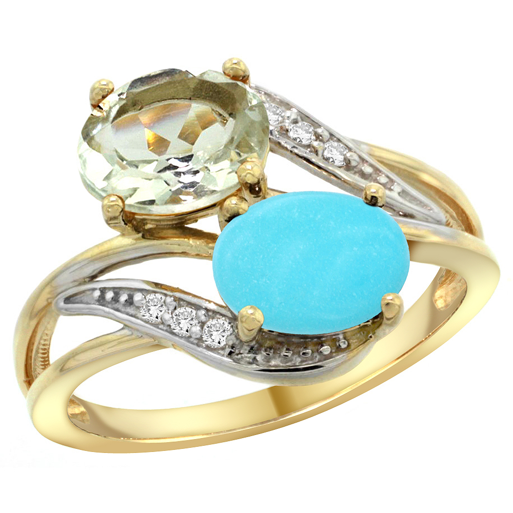 14K Yellow Gold Diamond Natural Green Amethyst &amp; Turquoise 2-stone Ring Oval 8x6mm, sizes 5 - 10